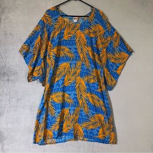Hula Bay Hawaiian Dress Mumu Blue Orange Tropical Leaf Print Womens XL Rayon